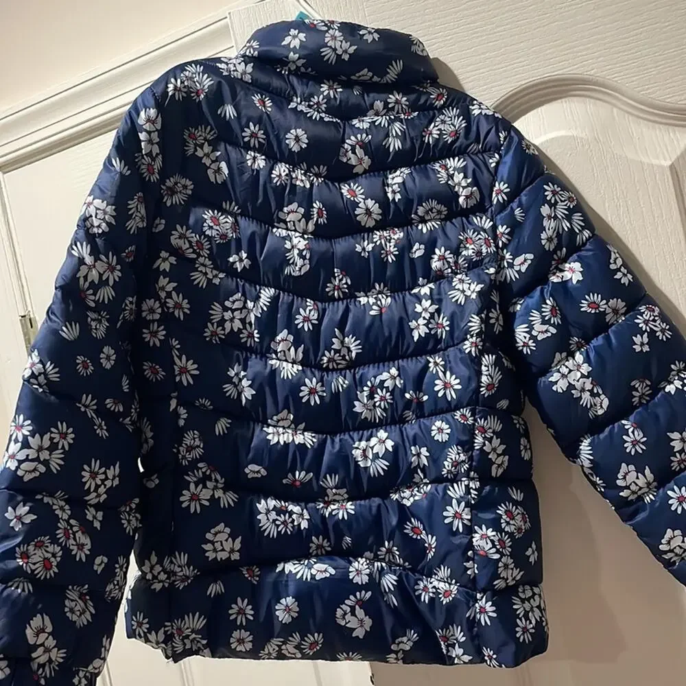 Zara girls 6 blue white floral front zip with pockets puffer jacket euc